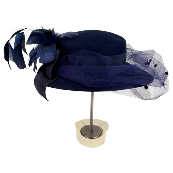 Vintage Womans Michael Howard Georgi Hat Wool Wide Brim Feather Veil Blue Church - Picture 3 of 10